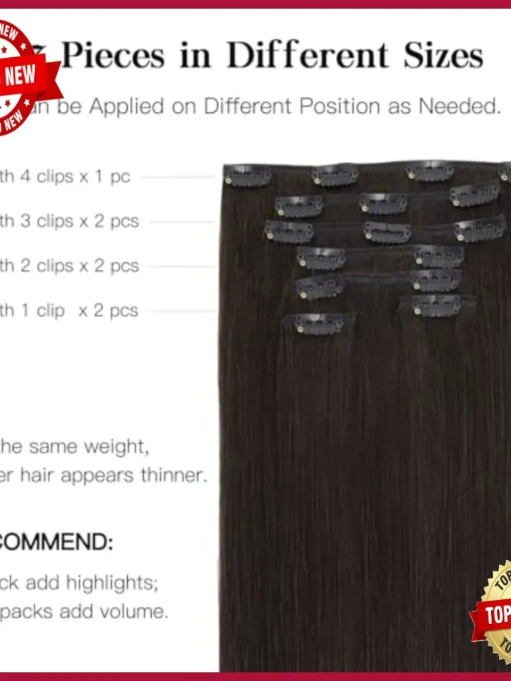 16 Inch Real Human Hair Clip-In Extensions, 7 Pieces Straight Remy Hair